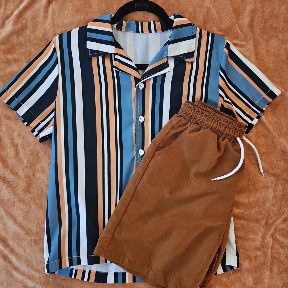 Striped Short-Sleeve Button-Down Shirt in Blue & Brown with Matching Shorts